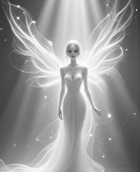 an ethereal angelic figure, sketched in a minimalist style with delicate wings and a serene expression, bathed in soft lighting....