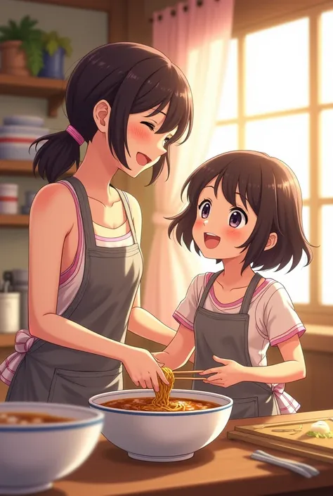 Anime mother and daughter daughter elementary school students mother and daughter both wearing swimsuits ramen shop ramen making aprons