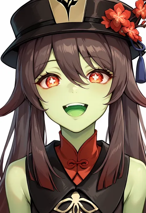 HuTao, long hair, bangs, brown hair, red eyes, hair between eyes, twintails, sidelocks, symbol-shaped pupils,Skin of color，Green Skin，Black hair，Close-up of face，Green Skin，Green Skin，whole body，Green Skin，Green Skin，Black hat，Green Skin，Green Skin，Sitting...