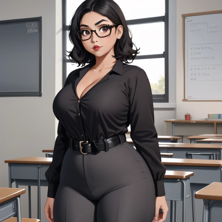 an adorable cute petite skinny slightly curvy chubby tan skin goth mexican teacher, short wild volumetric hair, one wearing glas...