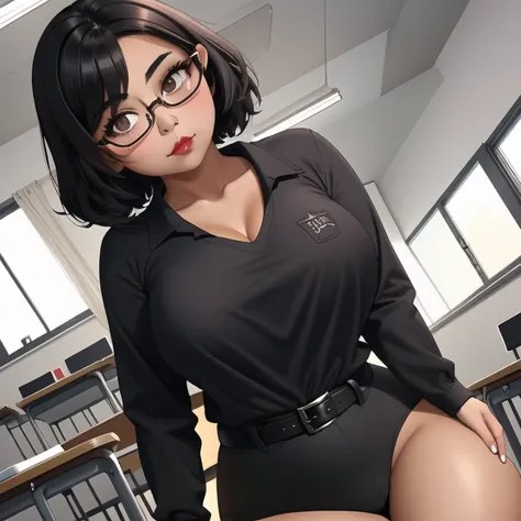 an adorable cute petite skinny slightly curvy chubby tan skin goth mexican teacher, short wild volumetric hair, one wearing glas...