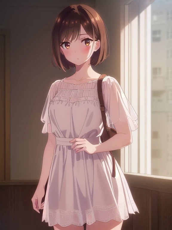 ((underwear:1.5,white lace transparent petticoat,light pink blouse)), ((Blushing,A look of shame)),((Long Bob:1.5, Shaggy,bangs, Brown Hair)),mizuharachizuru, Chizuru Ichinose, solo woman, (Brown eyes:1.5),(bedroom,bed),looking at viewer,(Cowboy Shot:1.5),...