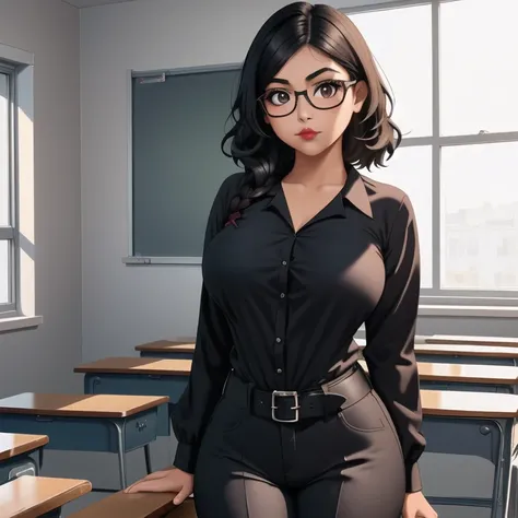 An adorable cute petite skinny slightly curvy chubby tan skin goth mexican teacher, short wild volumetric hair, one wearing glasses, beautiful detailed brown eyes, cutely detailed lips, extremely cute detailed eyes and face, busty, voluptuous breasts, wide...