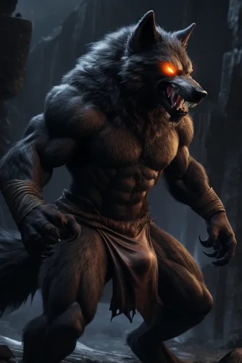 Anthro, wolf, male, black fur, detailed fluffy fur, muscular, attractive, full body, claws, fangs, loincloth, bulge, correct anatomy, amber glowing eyes, cinematic, high resolution, detailed background, night time, sexy, snarling maw