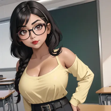 an adorable cute petite skinny slightly curvy chubby tan skin goth mexican teacher, short wild volumetric hair, one wearing glas...