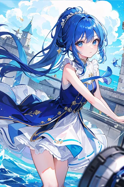 One Girl、Sparkle in your eyes、masterpiece、Best Quality、Best image quality、Cute little、Confident、ponytail、Blue Hair、blue eyes、Castle at the bottom of the sea、dress、frilld、Anatomically correct