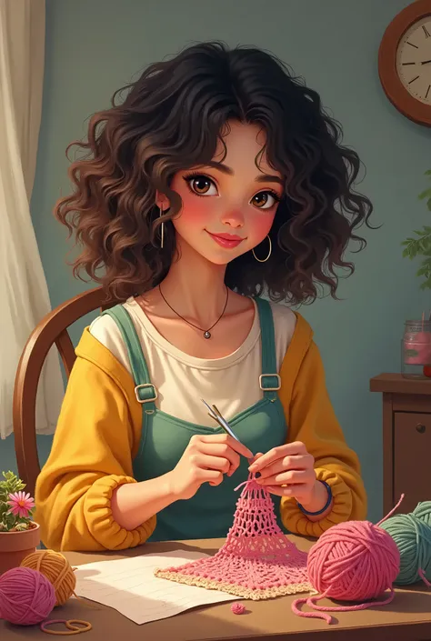 An illustration of a cute girl with very curly hair, at 20 years old, that has black skin color and is sitting at a table sewing crochet