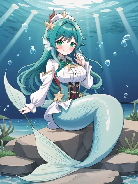 fate mermaid wendy-genshin（venti-genshin impact), tall, mature, long hair, green eyes, gigantic breasts, underwater sea, bubble ...