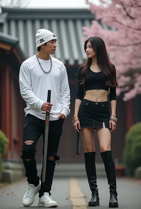 Featuring full HD high resolution images, a handsome man from korea, wearing a long-sleeved white shirt, black ripped jeans, nike brand white sneakers, and wear a white beanie hat with the DL logo, Hair is not visible, the man stands holding a samurai with...