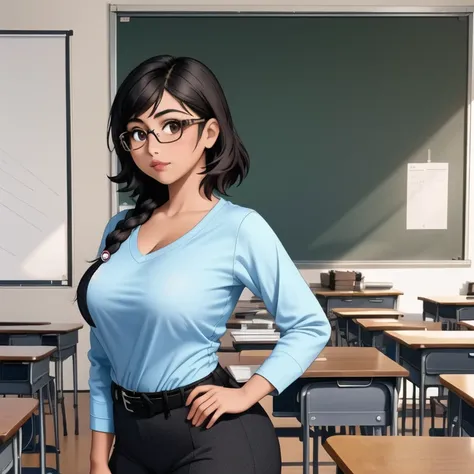 An adorable cute petite skinny slightly curvy chubby tan skin emo mexican teacher, short wild volumetric hair, one wearing glasses, beautiful detailed brown eyes, cutely detailed lips, extremely cute detailed eyes and face, busty, voluptuous breasts, wide ...