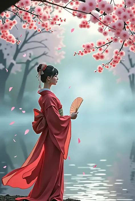 Best Quality,Ultra-high resolution,Woman with Japanese hairstyle,Red kimono,Fan in hand,Staring at a Point ,On the Lake,The surroundings are shrouded in mist,Cherry blossom petals fluttering