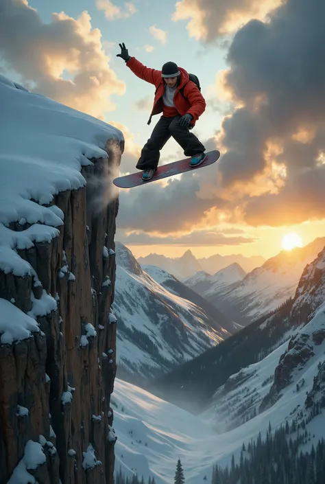 create an impossibly dramatic, high-fidelity image of an extreme snow surfer, captured from a high-angle, third-person perspecti...