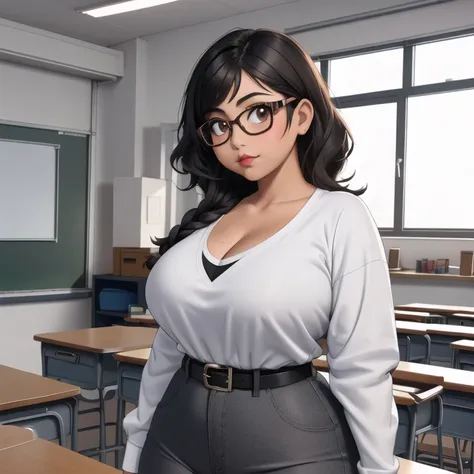 an adorable cute petite skinny slightly curvy chubby tan skin emo mexican teacher, short wild volumetric hair, one wearing glass...