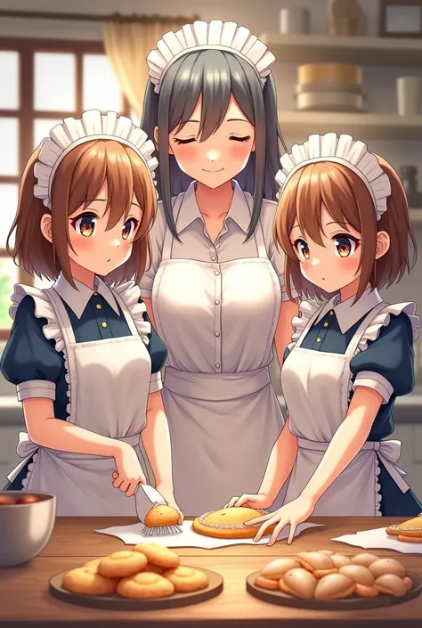 Anime mother and daughter in maid costumes, twin daughters making pastries