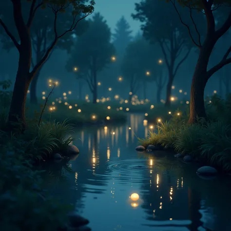 (masterpiece), (DETAILED), night landscape, Detail shot, a small pond with low lighting, A group of fireflies fly and twinkle