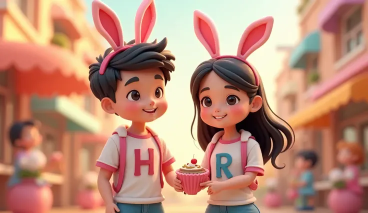 4d cartoon of a 25 year old boy and girl dating, wearing couple rabbit character clothes, the girl has long black hair, the black-haired boy has no beard or mustache, on the boys shirt there is the letter H and on the girls shirt there is the letter R