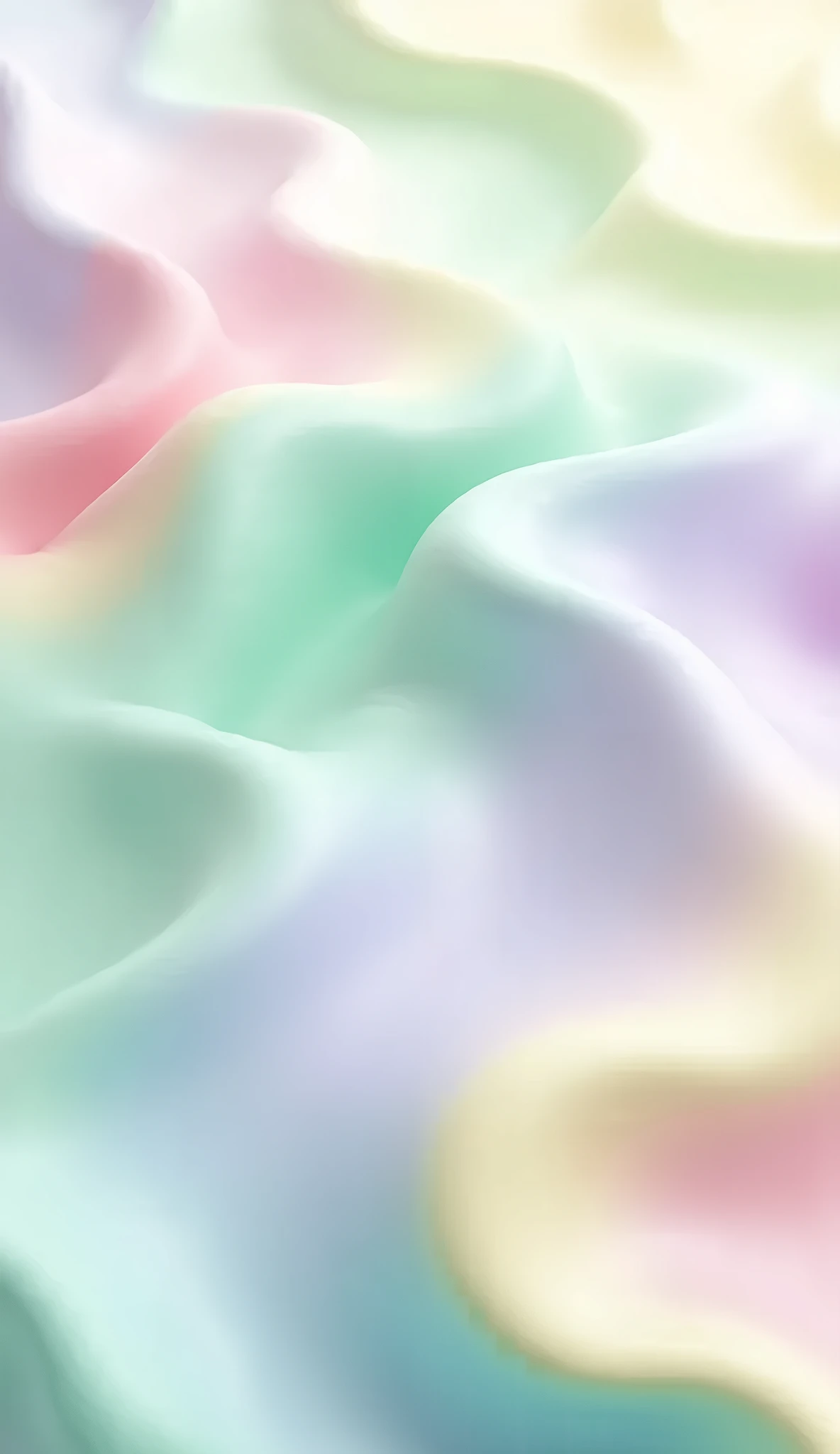 A design featuring smooth, flowing 3D waves that transition in a gradient of pastel colors like mint green, blush pink, soft lavender, and pale yellow. The soft undulations of the waves give it a calming, fluid motion, while the pastel hues make the design...