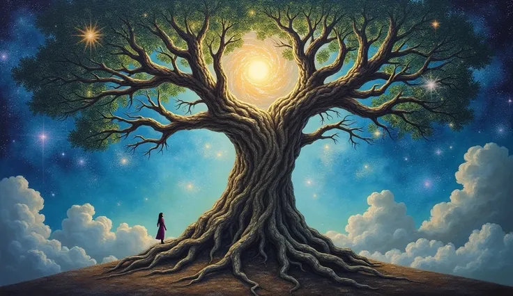 a painting of a tree with a sky background, magical tree, fantasy tree, galaxy tree, magic tree, ancient tree, a beautiful tree, large magical trees, tree of life seed of doubt, rooted lineage, old tree, the tree of life, tree of life, the world tree, worl...