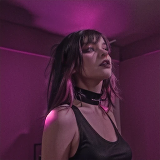 there is a woman that is standing in a room with a pink light, 1  goth girl, low quality video, she is wearing a black dress, low quality footage, night time footage, she is facing the camera, as she looks up at the ceiling, goth girl aesthetic, goth vibe,...