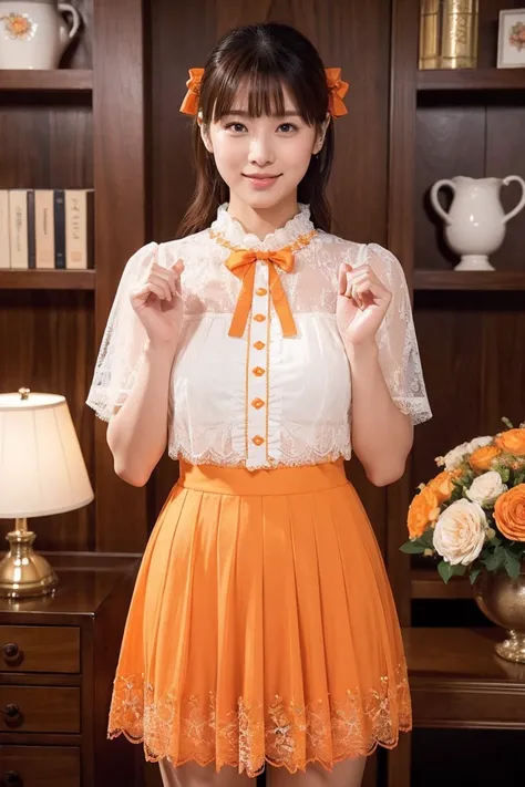 Medium Display, Medium Shot, Depth of the written border, whole body, Movie angle, masterpiece, Please redeem, Very detailed, CG, 8K wallpaper, Beautiful Face, Delicate eyes, Otome, Alone, smile, bangs, skirt, shirt, Have, Persimmon orange mesh dress, bow,...