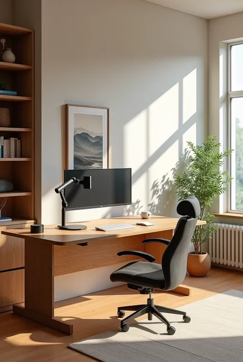 "A modern and ergonomic home office workspace in a bright, spacious room. Floor-to-ceiling windows letting in abundant natural light, creating a warm and inviting atmosphere. Minimalist Scandinavian-inspired interior design with clean lines and neutral col...