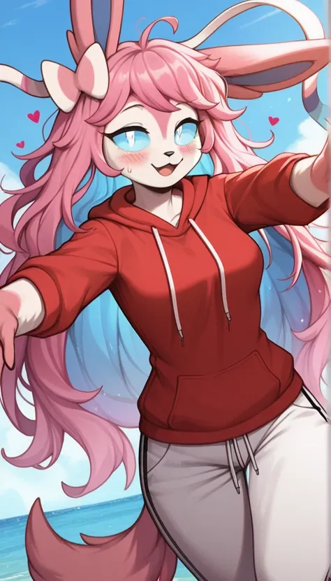 Loving expression, Happy expression, 1girl, anthro, furry, fur, fluffy fur, fluffy big pink tail, sylveon girl, pink hair, long hair, messy hair, cyan hair highlights, (19 years), white eyes, cyan sclera, medium breast, thicc thighs, hearts, (anywhere), op...