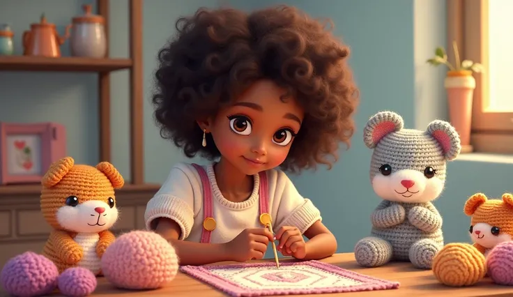 An illustration of a cute girl with very curly black hair, at 18 years old, height of 1.55 meters, that has caramel skin color, brown eyes and sitting at a table sewing crochet next to several crochet stuffed animals