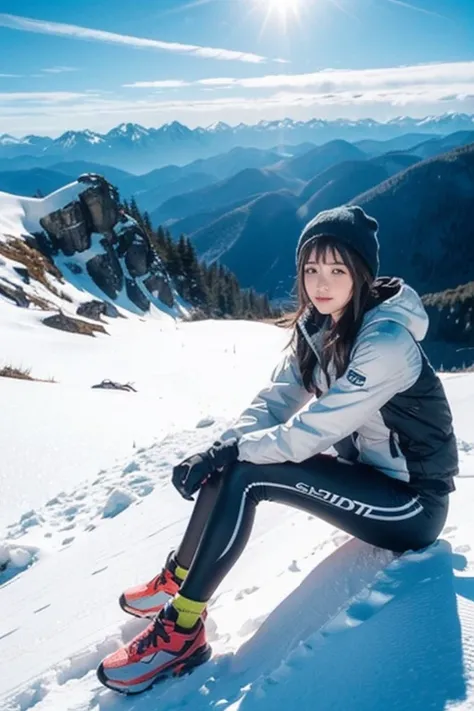 A beautiful woman who has climbed to the top of a mountain by road bike is taking a rest at the top,The snowy mountains are vaguely visible in the distance,  