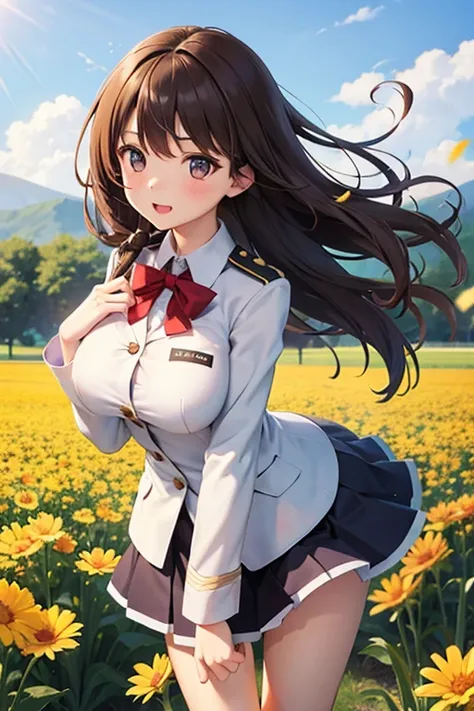 Beautiful girl, high school girl, big breasts, wind, uniform, flower field, running, brown hair 