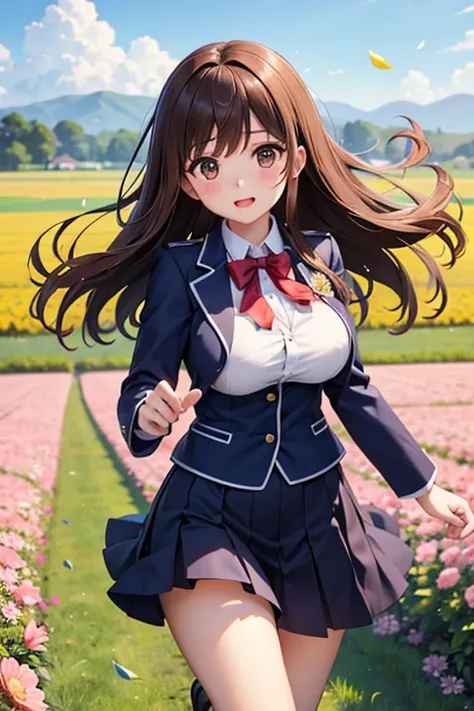 Beautiful girl, high school girl, big breasts, wind, uniform, flower field, running, brown hair 