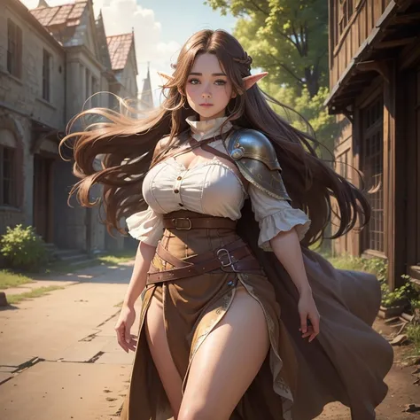 ((best quality))) (((HD))) (((8k))) (character) 20-year-old woman, ((adventurous)) elf, ((beautiful)) and ((happy)), ((brown hair)) and ((long hair)), voluptuous, Brown hait body large breasts thick thighs, ((long skirt)) and (long dress)), poncho, light f...