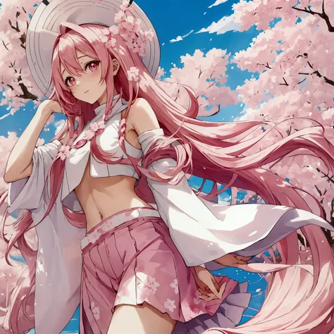 anime girl with pink flowing hair, white crop top, under sakura trees, sunhat