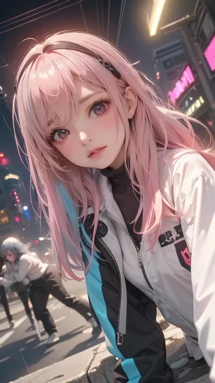 ((sports jacket、jersey、gold、black、light blue、silver and pink hair、multicolored hair、realism, high resolution, heterochromia eyes...