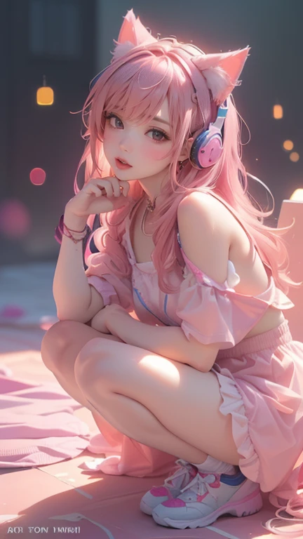 ((y2k 风格full body photo，cat ear headphones，wearing candy-colored clothes，close-up of girls，pink gradient hair color, kawaii deco...