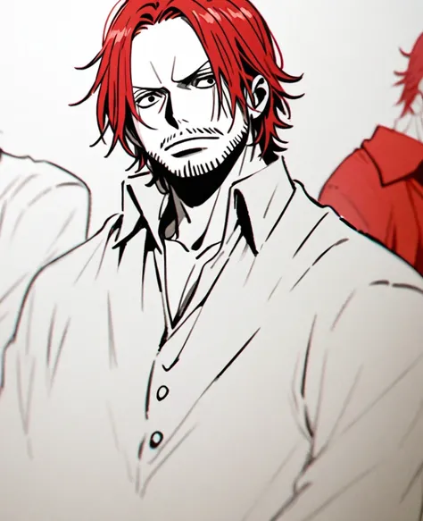 Create a black and white image of Shanks from One Piece, but with red hair."