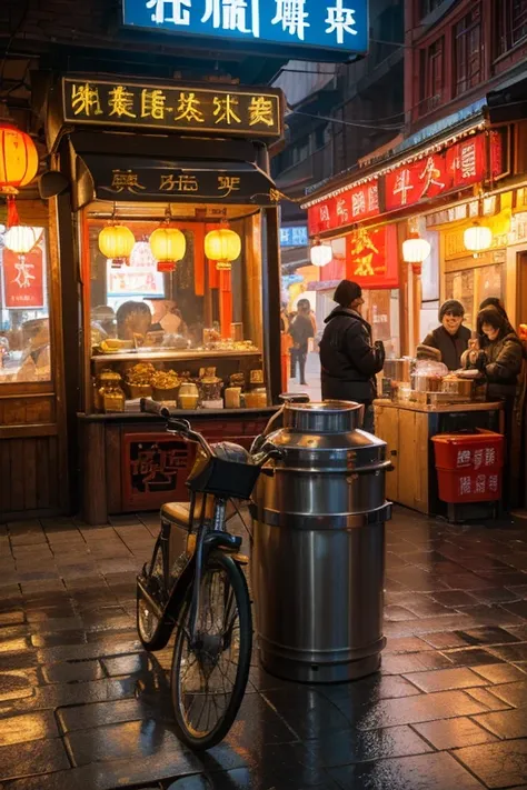 a beautiful detailed chinese city street scene, industrial style, detailed architecture, detailed brick buildings, detailed cobblestone road, detailed street lamps, detailed street vendor stalls, detailed chinese lanterns, detailed neon signage, detailed c...