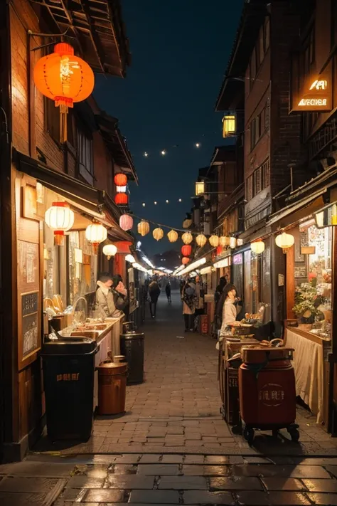 a beautiful detailed chinese city street scene, industrial style, detailed architecture, detailed brick buildings, detailed cobblestone road, detailed street lamps, detailed street vendor stalls, detailed chinese lanterns, detailed neon signage, detailed c...