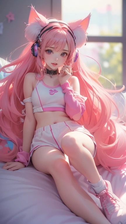 ((y2k 风格full body photo，cat ear headphones，wearing candy-colored clothes，close-up of girls，pink gradient hair color, kawaii deco...