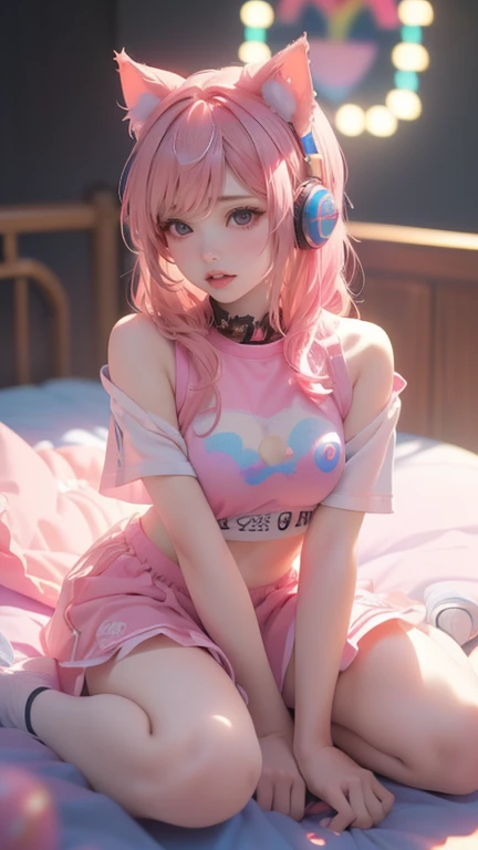 ((y2k 风格full body photo，cat ear headphones，wearing candy-colored clothes，close-up of girls，pink gradient hair color, kawaii deco...