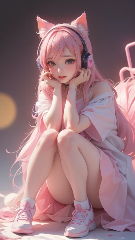 ((y2k 风格full body photo，cat ear headphones，wearing candy-colored clothes，close-up of girls，pink gradient hair color, kawaii deco...