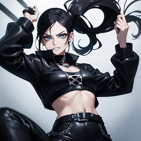 Villainous Woman, jet black hair with ponytail, blue eyes with black eyeliner, scruffy teeth, Grey leather outfit with white jeans, con outfit estilo dark hip hop, poses music trap. White and lonely warehouse background, Oil stains on the floor with geomet...