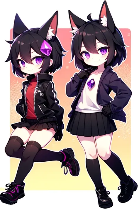 black hair, Violet eyes, short snout, little smile, purple gem on chest, black jacket, Black gloves, Short black skirt, black shoes.