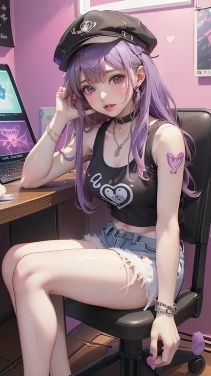 最high quality、Best image quality、masterpiece、With a girl((18 years old、cool hat、Heart symbol tattoo on right shoulder、Black Belly Tank Top、White shorts、Vest Bust、Bust 85、Purple Hair、Long hair、Blue Eyes、Open your heart、happiness、Chain accessories、Black brac...