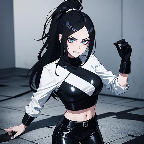 Villainous Woman, jet black hair with ponytail, blue eyes with black eyeliner, scruffy teeth, Grey leather outfit with white jeans, con outfit estilo dark hip hop, poses sinister trap music. White and lonely warehouse background, Oil stains on the floor wi...