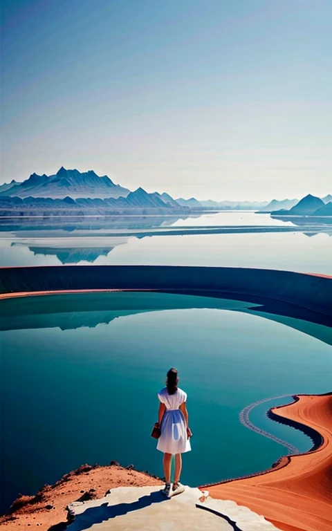 Vast and tranquil views，Built by Scarlett Hooft Graafland，Works by Sergei Zabelin，Summer photo shoot day，Hyper Real、Ink painting style with Chinese aesthetics。