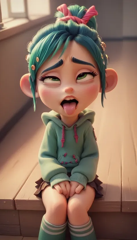 vanellope, sitting, gazing at viewer, front, ahegao, room, best qualityer, no flaws, perfect strokes