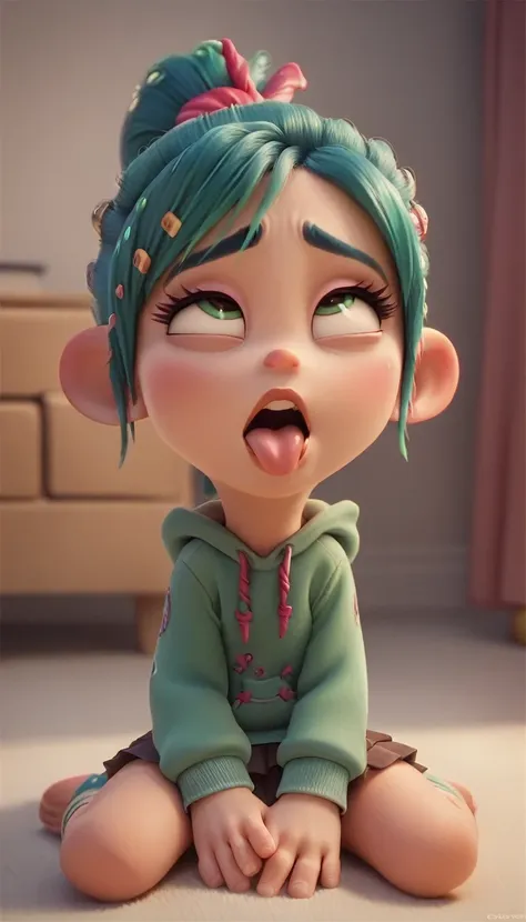 vanellope, sitting, gazing at viewer, front, ahegao, room, best qualityer, no flaws, perfect strokes