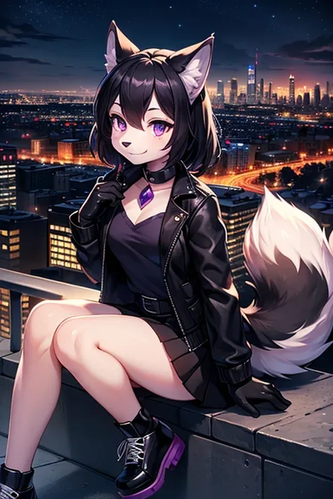 girl furry,black hair, Violet eyes, short snout, little smile, purple gem on chest, black jacket, Black gloves, Short black skirt, black shoes, Wolf Ears, wolf tail. (city at night in the background)