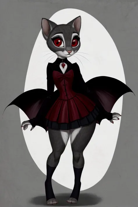 little slim female vampire kitten with nice big thighs and black and white fur and cute red eyes and she is wearing a short dres...