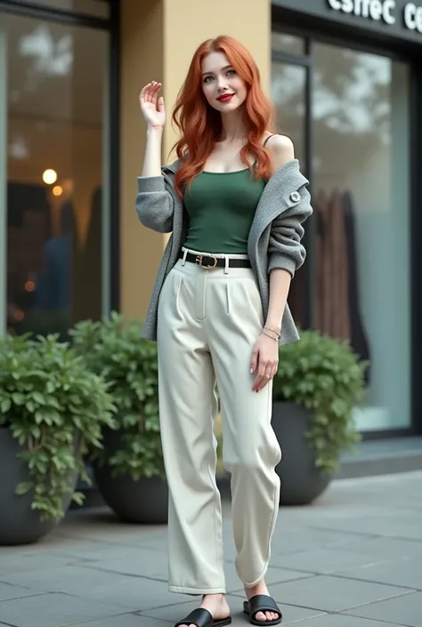 1 white Russian Civilian Woman with beautiful detailed green eyes, beautiful detailed dark red lips, extremely detailed face and long eyelashes, red hair, wearing a small grey jacket, green simple tank top, black leather belt, thin flat black slider slippe...